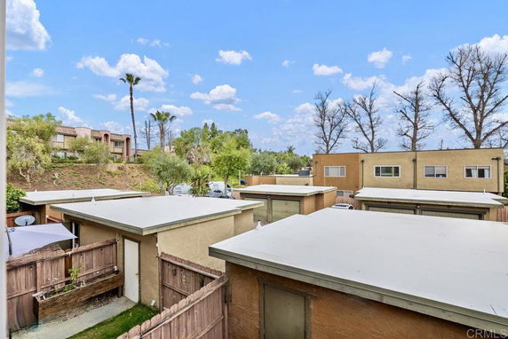 Rooftop view of a housing area with multiple flat-roofed buildings and surrounding greenery.