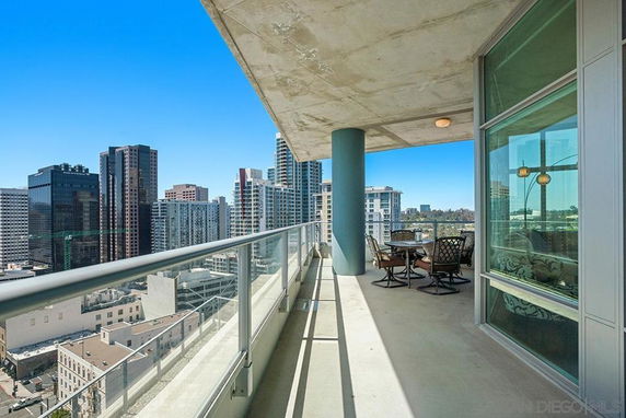 Balcony view of a cityscape with high-rise buildings.