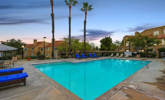 Outdoor swimming pool with surrounding seating and palm trees.