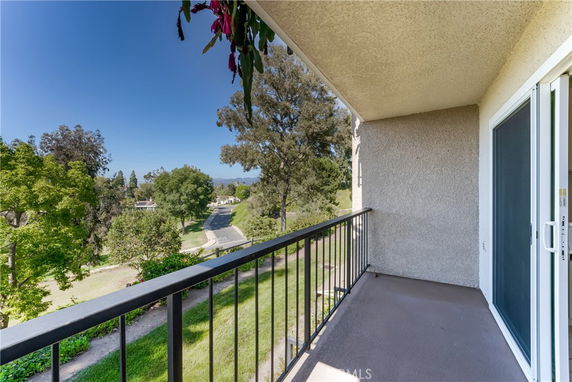 Balcony view overlooking trees and a scenic road.