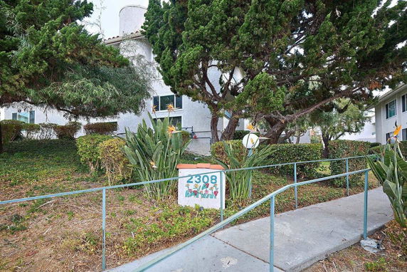 Front view of a building with white exterior, surrounded by trees and plants.