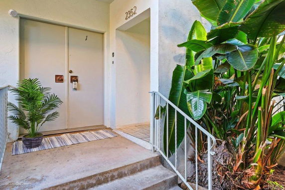 Front entrance of a building with double doors and potted plants.