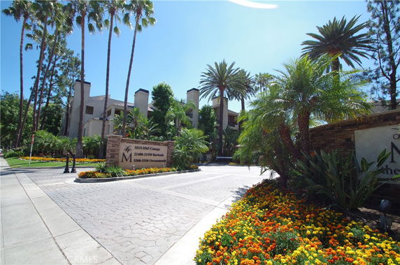 Front view of a multi-story building with landscaped surroundings and tall palm trees.