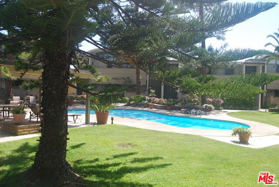 Outdoor swimming pool with surrounding greenery and patio area.