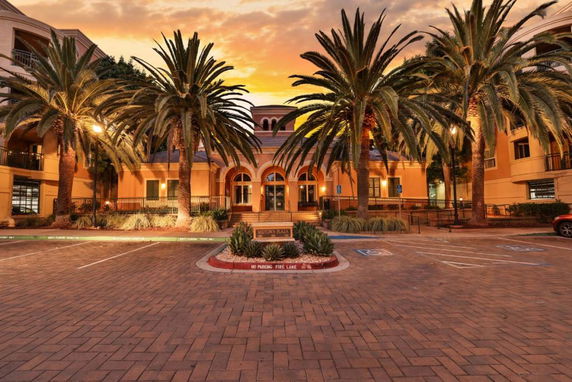 Front view of a grand building with arched windows and palm trees.