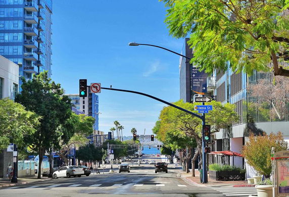 Street view of an urban area with buildings and trees
