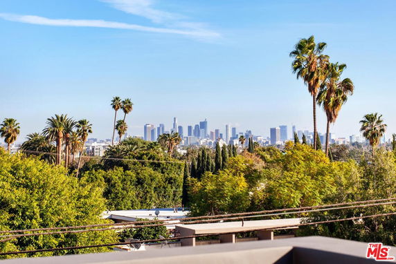 Panoramic view of a city's skyline with palm trees and greenery in the foreground.