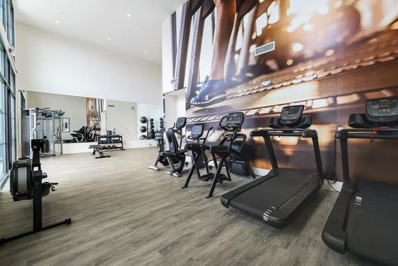 Indoor gym area with exercise equipment and large wall mural.