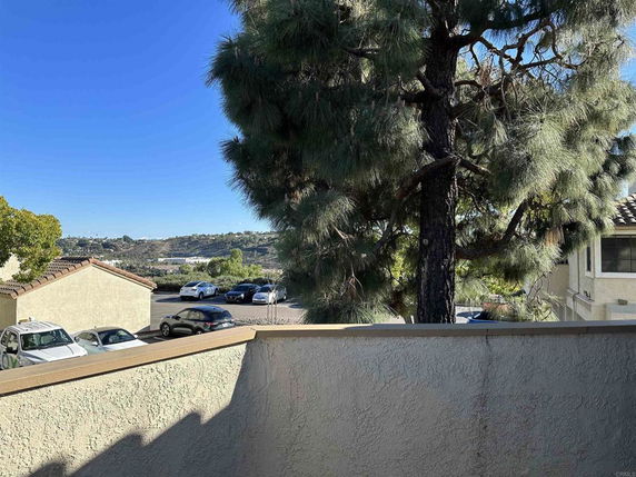 View from a balcony showing trees and distant hills.