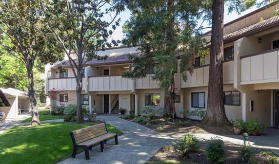 Front view of a multi-story building with balconies and surrounding trees.