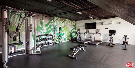 Indoor gym area with exercise machines and weights.