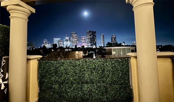 Rooftop view overlooking a city skyline at night.