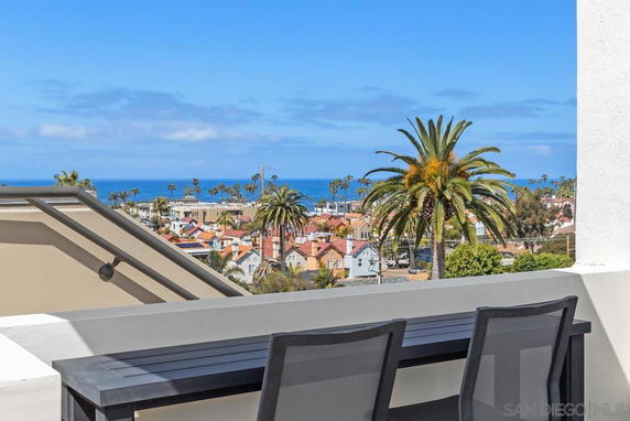 Panoramic view from a rooftop overlooking the ocean and palm trees.