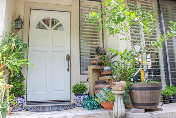 Front view of a house entrance with a white door and surrounding plants.