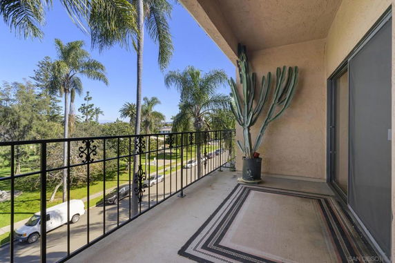 View from a balcony with metal railing overlooking a tree-lined street with palm trees.