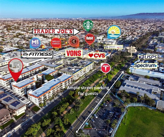 Panoramic view of a residential area with nearby stores and amenities highlighted.