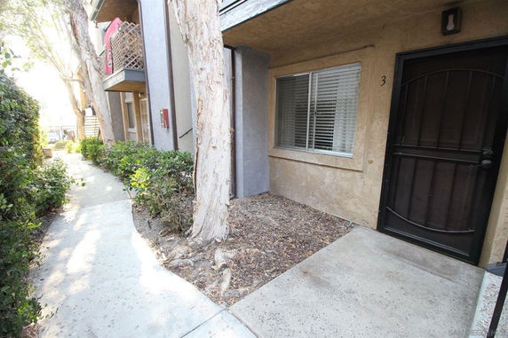 Front view of a ground floor apartment with a door and window, surrounded by trees and shrubs.