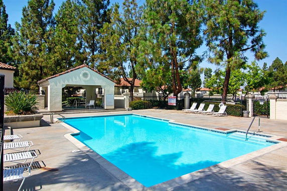 Outdoor swimming pool area with lounge chairs and surrounding trees.