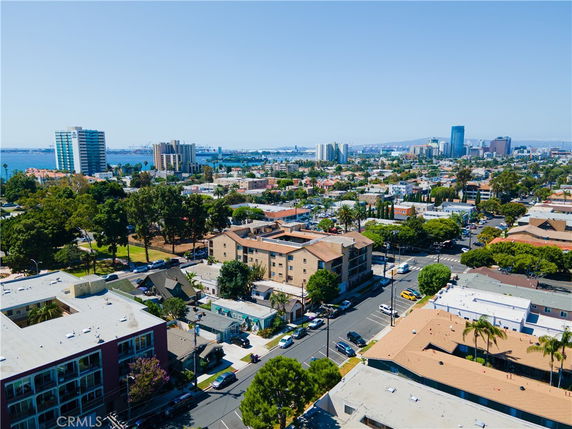 Panoramic view of a cityscape with various buildings and distant skyline.