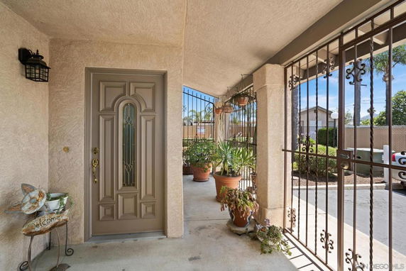 Front view of a house entrance with decorative ironwork and potted plants.