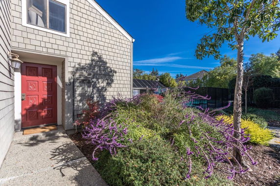 Entrance of a house with a red door and window above, surrounded by shrubbery.