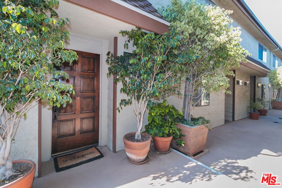 Front view of a building entrance with potted plants and a wooden door.