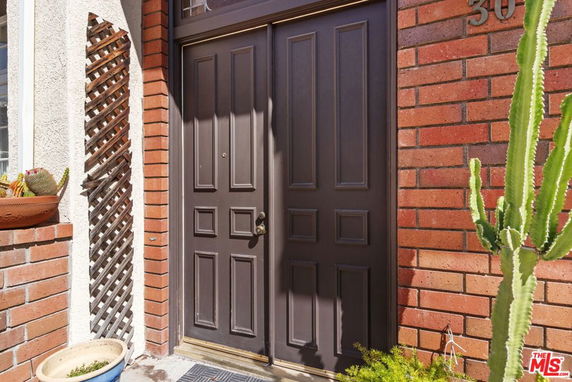 Close-up view of a front door with red brick exterior walls and potted cactus plants.