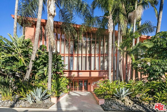 Front view of a multi-story building with large windows and surrounded by tropical plants.