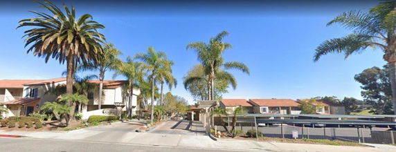 Front view of a residential complex with palm trees.