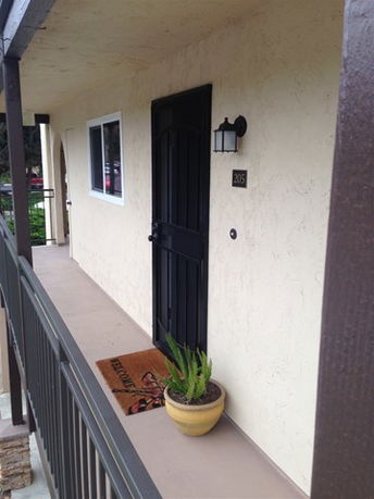 Front view of an apartment entrance with a black door and light fixture.