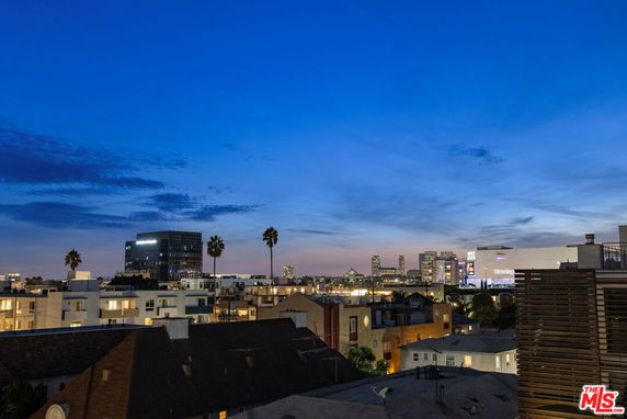 Panoramic view of city skyline at dusk with buildings and palm trees.