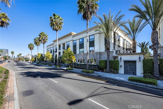 Front view of a multi-story building with palm trees along the street.