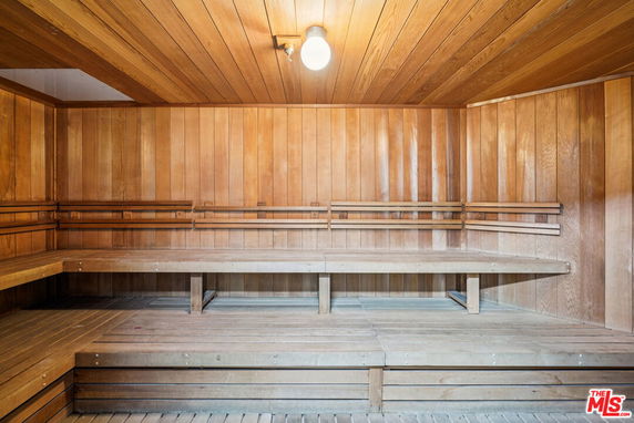 Interior view of a wooden sauna room.