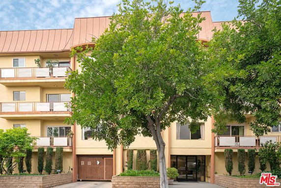Front view of a multi-story building with balconies and a tree in front.