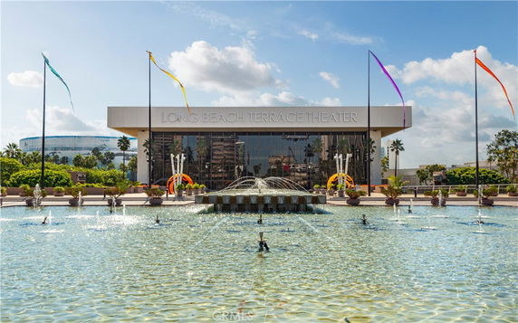 Front view of Long Beach Terrace Theater with a fountain in front.