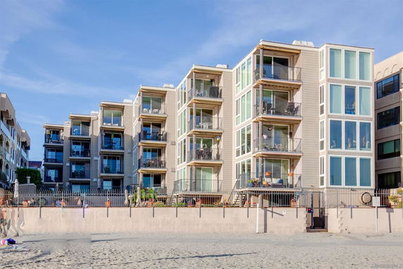 Front view of multi-story apartment buildings with balconies.