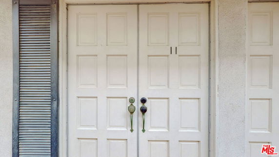 Front view of a house entrance with a double door and shutters.