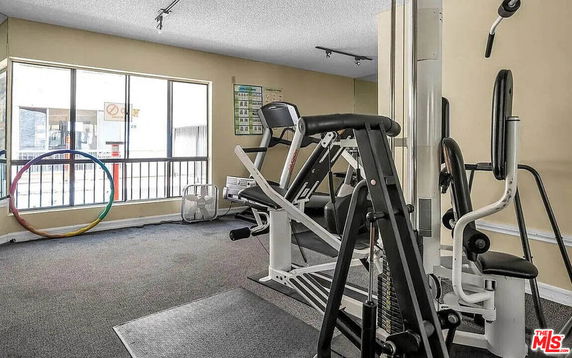 Indoor gym area with exercise equipment and large windows.