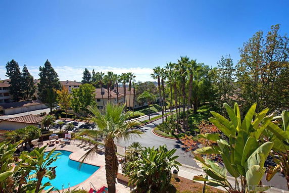Panoramic view of residential area with swimming pool and palm trees.