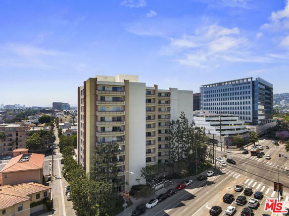 Elevated view of a multi-story apartment building.
