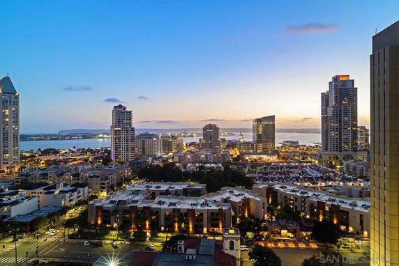 Panoramic view of a city skyline at dusk with buildings and a body of water in the background.