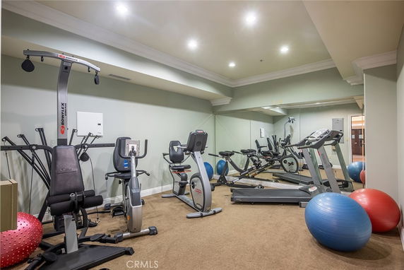 Indoor gym area with exercise equipment and fitness balls.