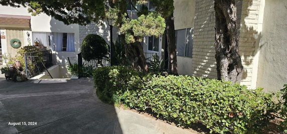 Front view of a building with a small garden and pathway.