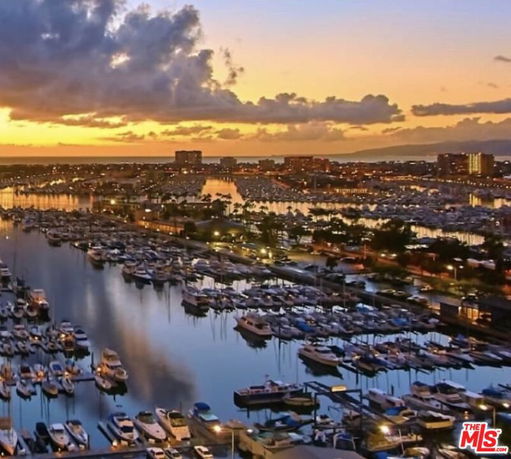 Panoramic view of a marina with numerous boats at sunset.