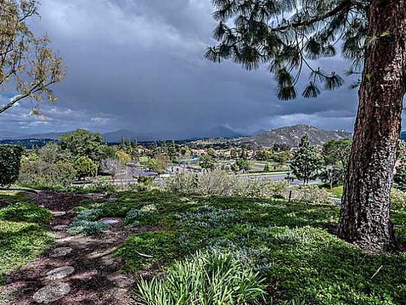 Panoramic view of a landscape with trees and mountains under a cloudy sky.