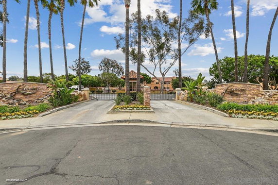 Front view of a gated entrance to a residential area with palm trees.