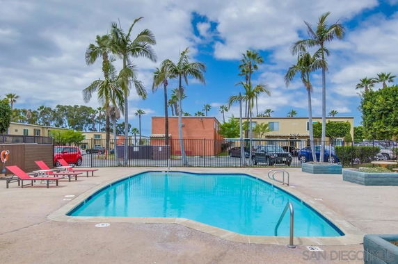 Outdoor swimming pool area with palm trees and lounge chairs in a residential setting.