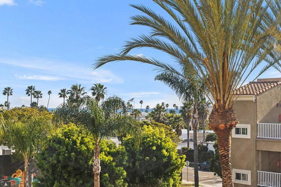 View of a building with palm trees in the foreground.