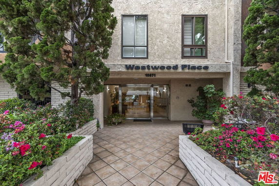 Front view of a multi-story building entrance with plants and tiled walkway.