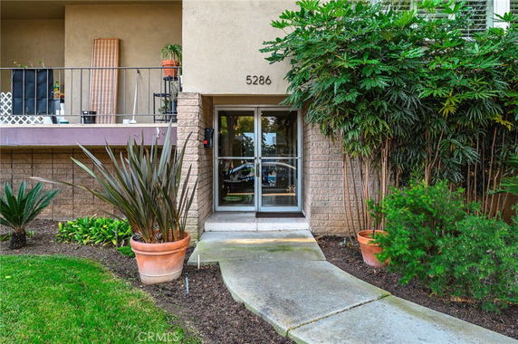 Entrance of a building with glass doors and potted plants